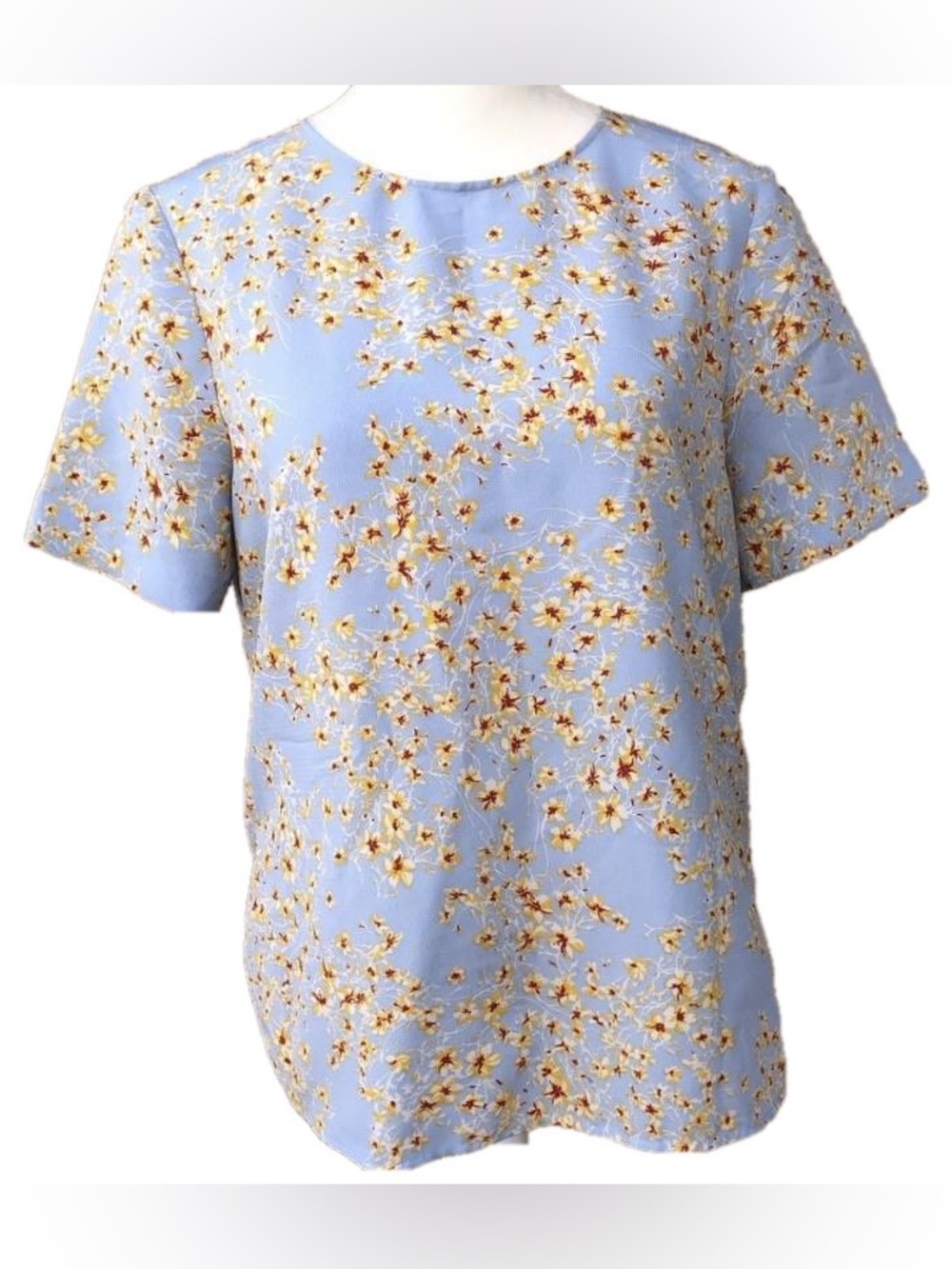 Zara Baby Blue w/ Yellow Floral Print Zippered Back Business Casual Blouse